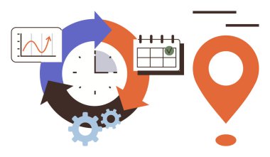 Oklarla çevrili saat, işaretli takvim, yukarı doğru eğilimli çizelge, vites ve iğne işaretiyle. Planlama, üretkenlik, zamanlama, analitik navigasyon içgörüleri için ideal basit