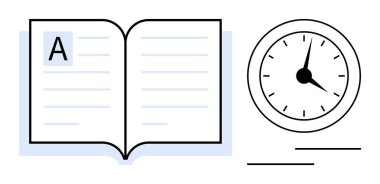 Üzerinde altı çizili harf ve saat tasvir edilen kitabı aç. Çalışma, öğrenme ve etkili zaman yönetimi. Eğitim, üretkenlik, planlama, disiplin, teslim tarihleri, çok görevli basit daire