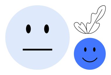 İki minimalist yüz zıt duyguları ifade eder, biri nötr ve mavi, diğeri mutlu ve mor ve yaprak gibi aksanlı. Ruh hali, ikilik, iletişim, basitlik ve ruh sağlığı konularında ideal