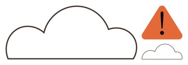 Turuncu uyarı üçgeni ve küçük bulutlu büyük bulut çizgisi. Teknoloji, güvenlik, çevre, veri güvenliği, bulut hesaplama, dikkat ve uyarı mesajı için idealdir. Basit düz metafor