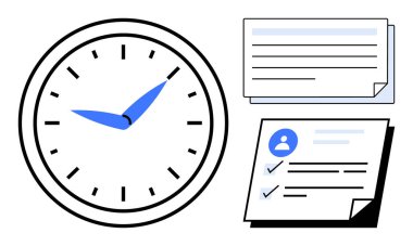 Kontrol listeleri ve kullanıcı simgelerinin yer aldığı görev belgelerinin yanında mavi elli analog saat. Zaman planlama, takvim, görev öncelikleri, verimlilik, teslim tarihleri, iş akışı için ideal