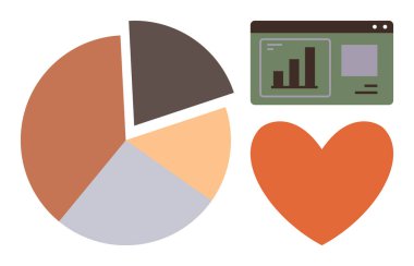 Turta grafiği, yeşil gösterge paneli ve turuncu kalp. Analiz, pazarlama, veri odaklı kararlar, ilerleme takibi, katılım raporlaması ve ilişki kavramları için idealdir. Basit düz