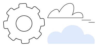 Mavi bir bulutun yanında büyük bir teçhizat ve çizgili bir bulut. Teknoloji için ideal, bulut hesaplama, takım çalışması, yenilik, sistem süreçleri, otomasyon, basit düz metafor