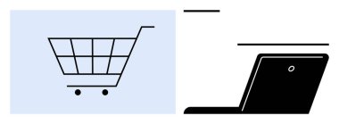 Alışveriş arabası ve dizüstü bilgisayar dijital ticareti, e-ticareti ve online alışverişi ön plana çıkarıyor. Perakende, teknoloji, pazarlama, iş stratejisi, dijital pazar, çevrimiçi ödeme ve basit daire için ideal