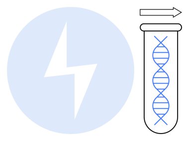 Bir test tüpünün içindeki DNA ipliği ilerlemeyi gösteren bir ok ve enerji için bir yıldırım ile birlikte. Bilim, biyoteknoloji, genetik, yenilik, araştırma, deney, ilerleme için ideal