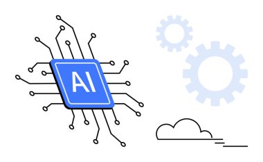 Dişlilere bağlı devre çizgileri ile çevrili yapay zeka çipi, yeniliği, otomasyonu ve dijital dönüşümü sembolize ediyor. Yapay zeka, makine öğrenimi, otomasyon, teknoloji için ideal.