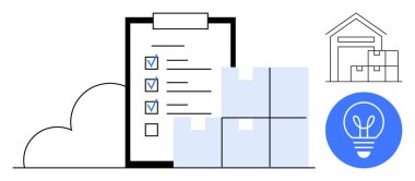 İşaretli görevleri olan kontrol listesi, istiflenmiş kutular, bulut, depo taslağı ve ampul. Lojistik, tedarik zinciri, envanter takibi, iş planlama verimliliği için idealdir.