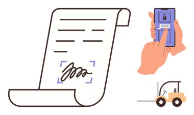 El, kilidi açmak için akıllı telefon, e-imzalı dijital belge, forklift simgesi kullanıyor. Lojistik, güvenlik, teknoloji, kimlik doğrulama, e-ticaret sözleşmeleri ve güvenlik için ideal. Modern basit