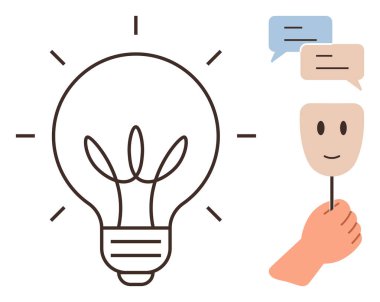 Parlak çizgileri olan bir ampul ve konuşma baloncuklarının yanında gülümseyen bir maske tutan bir el. Yaratıcılık, yenilik, özgünlük, kendini ifade, iletişim, kişisel markalaşma için ideal
