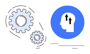 Birbirine kenetlenmiş dişliler takım çalışmasını ve süreci sembolize ederken, yukarı doğru ok atan insan kafası fikirleri, gelişmeyi ve büyümeyi temsil ediyor. Yenilik, takım çalışması, strateji, öğrenme ve liderlik için ideal