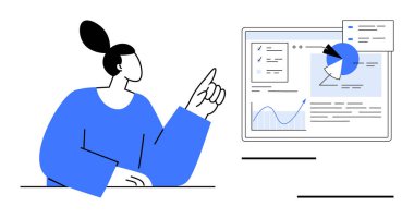 Ekranı çizelgeler, grafikler ve veri görselleriyle gösteren bir kadın. Analiz, takım çalışması, sunum, eğitim, strateji, iş çözümleri için ideal basit iniş sayfası