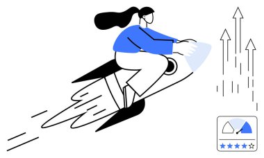 Yükselen roketli kadın, ilerleme ölçer, yıldız puanı ve oklar başarıyı, hızı ve gelişimi simgeliyor. Ticari başarı, performans ve büyüme hırsı için idealdir.