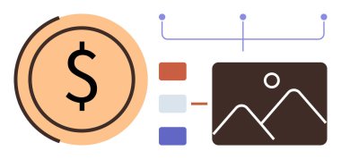 Görüntü ile renkli blokları ve çizgileri birbirine bağlayan çerçevenin yanında dolar parası. Finans, strateji, tasarım, planlama, veri, pazarlama, yaratıcı iş akışı için idealdir. Basit düz metafor