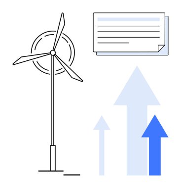 Yenilenebilir enerji için rüzgar türbini, pozitif eğilimleri gösteren büyüme okları ve planlama ve stratejiyi gösteren belgeler. Sürdürülebilirlik, yenilik, ilerleme, yenilenebilir enerji ve iş için ideal