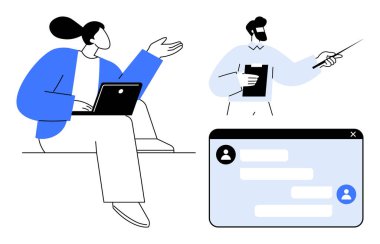 Profesyoneller tartışma içindeler, biri dizüstü bilgisayarlı, diğeri de belgeyi işaret ediyor. Yakınlarda bir pencere ara yüzü var. İletişim, takım çalışması, uzaktan çalışma, teknoloji, üretkenlik için ideal