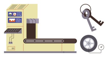 Kontrol paneli, metal anahtarlar ve üretimi, güvenliği ve endüstriyel süreçleri temsil eden bir tekerlek içeren taşıyıcı bant sistemi. Üretim, otomasyon, güvenlik, mühendislik lojistiği için ideal