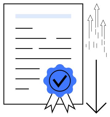 Mavi onaylı belge, işaret, büyümeyi ve verimliliği simgeleyen ok. Sertifika, başarı, onay süreci, kalite kontrolü, düzenlemeler, başarı için ideal