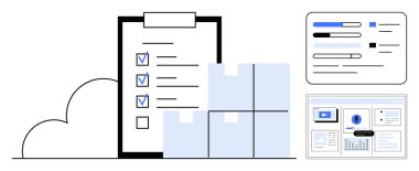 Kontrol listesi panosu, istiflenmiş kutular ve görev takibini, envanter organizasyonunu ve iş akışı yönetimini temsil eden dijital paneller. Lojistik, planlama, takım çalışması ve verimlilik için ideal