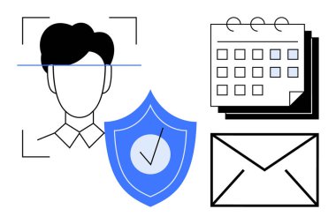 Yüz tarama teknolojisi, işaretli kalkan işaretli günler için takvim, e-posta için zarf. Güvenlik, gizlilik, planlama, biyometrik iletişim programlama teknolojisi konuları için ideal. Basit.