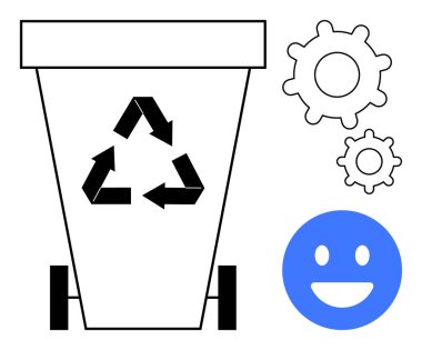 Okları olan geri dönüşüm kutusu, çevresel süreç için vites, pozitifliği temsil eden mavi gülen duygu yüzü. Sürdürülebilirlik, geri dönüşüm, ekoloji, takım çalışması, süreç iyileştirme, enerji için ideal