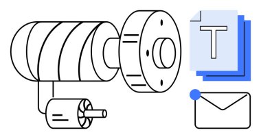 Dijital metin ve e-posta simgesi yığınıyla eşleştirilmiş bir pervaneye bağlı mekanik parçalar. Teknoloji, iletişim, otomasyon, iş akışı, mühendislik, endüstri ve basit iniş sayfası için ideal
