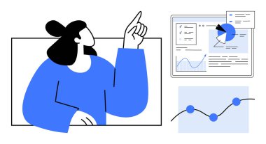 Kadın profesyonel turta grafikleri, çizgi grafikleri ve ilerleme ölçümleri de dahil olmak üzere veri görsellerine işaret ediyor. İş analitiği, sunum, takım çalışması, kurumsal strateji, liderlik araştırması için ideal