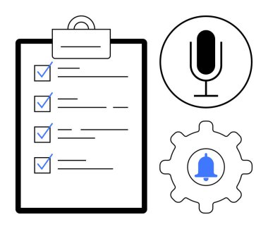 Kontrol listesi olan pano, ses özellikleri için mikrofon, ayarları sembolize eden çan. Üretkenlik, bildirimler, görev yönetimi, anımsatıcılar, organizasyon, iş akışı için ideal basit iniş