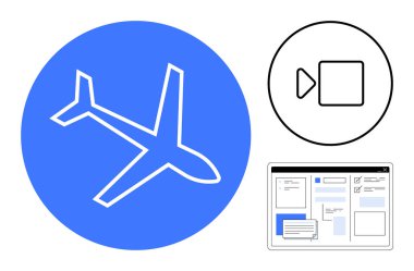 Mavi daireli uçak, video simgesi ve detaylı web arayüzü seyahat, medya ve çevrimiçi etkileşimi öneriyor. Seyahat, video içeriği, teknoloji, dijital pazarlama UI için ideal