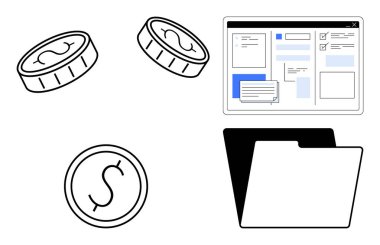 Şekillendirilmiş madeni paralar, klasör ve belge arayüzü finans, dijital organizasyon ve gelir yönetimi öneriyor. Finans, iş, tasarruf, yatırım muhasebe dijital araçları bürosu işi için ideal