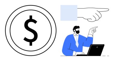 Dolar parası, el işareti ve dizüstü bilgisayarı olan adam finansal hedefleri, stratejiyi, rehberliği ve liderliği vurguluyor. İş için ideal, yatırım planlama ekip çalışması büyüme motivasyonu. Basit düz