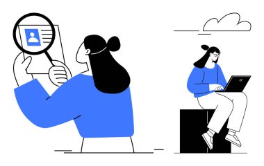 Bir kadın büyüteçle profilini incelerken diğeri de dizüstü bilgisayarda çalışıyor. İşe alım, adam alma, iş arama, serbest çalışma, verimlilik, teknoloji kullanımı, dijital çalışma alanı için ideal. Basit düz