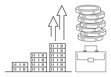Yukarı bakan oklar, istiflenmiş paralar ve iş büyümesini, mali başarıyı, ilerlemeyi, yatırımı, ekonomiyi, kurumsal stratejiyi simgeleyen bir evrak çantası. Ticari finans karı için ideal