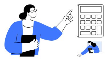 Gözlüklü biri not defterini tutuyor ve hesap makinesine el kaldırıyor. Eğitim, finans, eğitim, öğretim, sunum, koçluk ve basit iniş sayfası için ideal