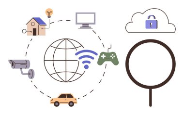 Ev, ampul, bilgisayar, kamera, araba, oyun kumandası, bulut, büyüteç ikonları ile küresel bağlantı. IoT ağ güvenliği ev otomasyon teknolojisi veri değişimi için ideal