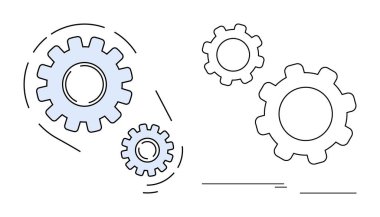 Hareket halindeki birbirine bağlı vitesler, takım çalışmasını, işbirliğini, verimliliği, yeniliği, süreç optimizasyonunu, sinerjiyi ve fikirleri sembolize eder. İş stratejisi geliştirme için ideal basit iniş sayfası