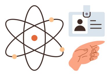 Elektron ve çekirdekli atom modeli, profil detaylarıyla kimlik kartı, odaklanmayı gösteren el işareti. Bilim, kimlik, eğitim, keşif, güvenlik araştırması kimyası için idealdir. Basit düz