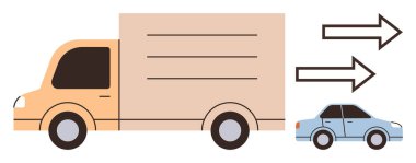 Büyük teslimat kamyonu ve küçük araba yan yana hareket ya da ilerleme gösteren oklar. Lojistik, ulaşım, dağıtım hizmetleri, iş büyümesi, hareketlilik, uzaysal karşılaştırma için ideal