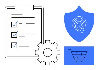 İşaretli görevleri olan kontrol listesi, sistem ayarları için dişli çarkı kimlik doğrulama için parmak izi kalkanı, alışveriş arabası. Güvenlik, e-ticaret, üretkenlik, teknoloji, organizasyon iş akışı için ideal