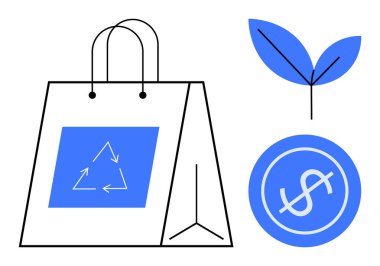 Geri dönüşüm işaretli kağıt torba, yeşil yaprak filizlenmesi ve yeşil ekonomiyi ve çevre bilincini vurgulayan dolar para. Sürdürülebilirlik, çevre, geri dönüşüm, yeşil iş, eko-alışveriş için ideal