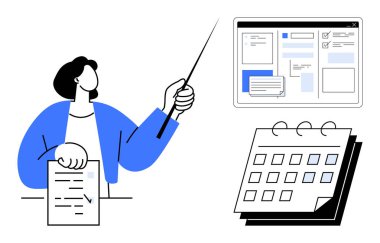 Dijital arayüz ve takvimin yanında bir işaretçi kullanarak rapor sunan kişi. İş planlama, proje yönetimi, öğretim, zaman izleme, planlama, organizasyon için ideal