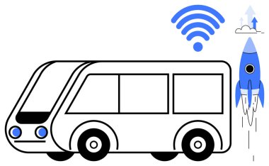 Kablosuz sinyali olan modern bir otobüs ve buluta yükselen bir roket hız, yenilik ve bağlantıyı simgeliyor. Ulaşım, teknoloji, ilerleme, akıllı şehirler ve iletişim için ideal