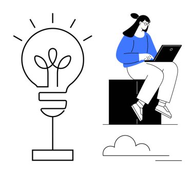 Dizüstü bilgisayarlı bir kadın, yaratıcılığı temsil eden büyük bir ampul. Üretkenlik, yenilik, takım çalışması, beyin fırtınası, iş-yaşam dengesi, eğitim modern teknoloji için idealdir. Basit düz metafor