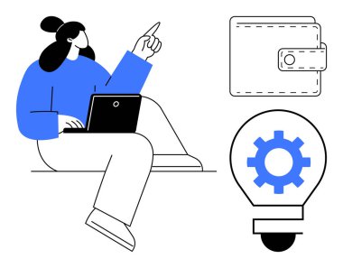 Dişi, dizüstü bilgisayarı yukarıya dönük şekilde oturmuş, fikirleri öneriyor. Bitişiğinde cüzdan ve içinde teçhizat olan ampul var. Yenilik, teknoloji, finans, beyin fırtınası, çözümler, çevrimiçi çalışma için ideal