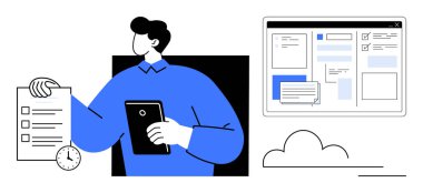 Tablet ve kontrol listesini görev ve bildirimlerle çevrimiçi arayüzün yanında tutan kişi. Üretkenlik, iş akışı, takım yönetimi, planlama, proje organizasyonu, çoklu görev, basit daire