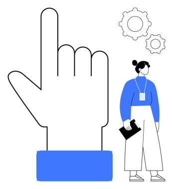 Devasa el hareketi, rozeti ve panosu olan küçük iş kadını, ayarlar için vites simgeleri. Takım çalışması, üretkenlik, karar verme, organizasyon, liderlik, iş akışı için ideal basit