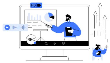 Sunucu sanal toplantı sırasında ekranda çizelgeleri tartışır. Eğitim, webinarlar, takım çalışması, uzaktan çalışma, eğitim, içerik oluşturma ve çevrimiçi konferans için idealdir. Basit düz metafor
