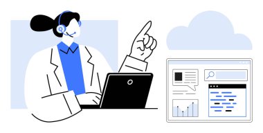 Profesyonel kulaklık takmak dizüstü bilgisayara bağlanır ve interaktif dijital gösterge paneline doğru jestler yapar. Müşteri desteği, uzaktan çalışma, teknoloji, analitik, hizmet, iletişim için ideal