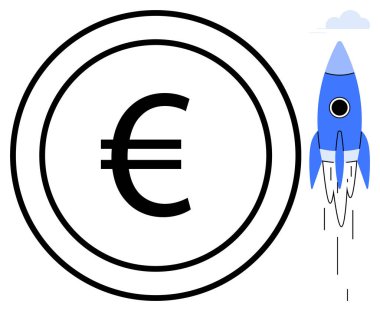 Fırlatma roketi olan bir para çemberinin içindeki Euro sembolü. Finans, büyüme, yatırım, iş başarısı, yenilik, başlangıç ve ilerleme kavramları için idealdir. Basit düz metafor