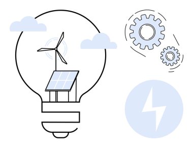Güneş paneli ve rüzgar türbini, dönen dişli ve enerji cıvatalı bir ampul anahatları içinde. Sürdürülebilirlik, yenilenebilir enerji, yenilik, teknoloji, çevre dostu tasarım, mühendislik için ideal