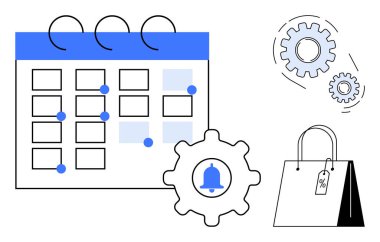 İşaretli tarihli takvim, bildirim zilli teçhizat, indirim etiketli alışveriş çantası ve ilave vitesler. Planlama, zamanlama, görev otomasyonu, ticaret, zaman yönetimi pazarlaması için ideal